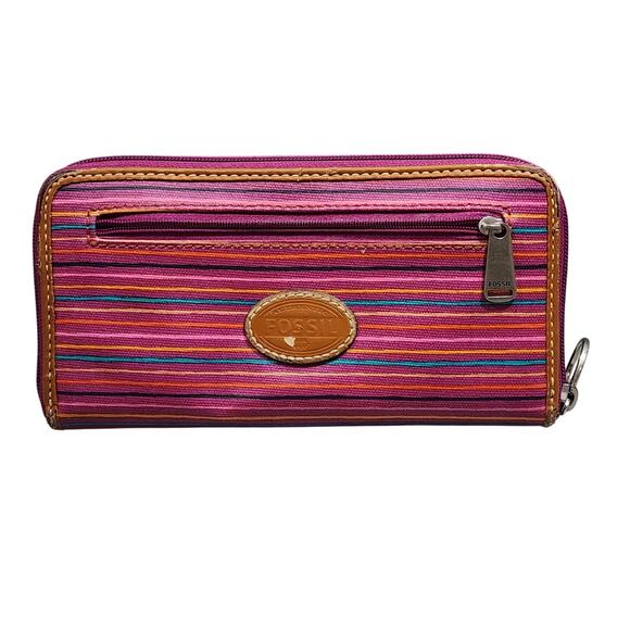 FOSSIL Keyper Clutch Wallet Pink-Purple Stripe 3 Pocket Zip Around Closure Disc - Picture 11 of 14